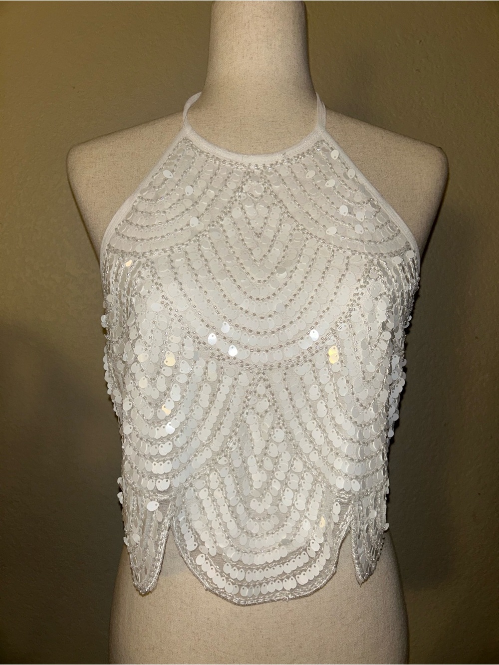 12th Tribe Beaded and Sequined Cleo White Sequin Halter Tie Top - Picture 2 of 7